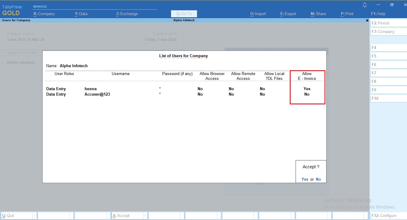 User Wise E-Invoice Generation Control